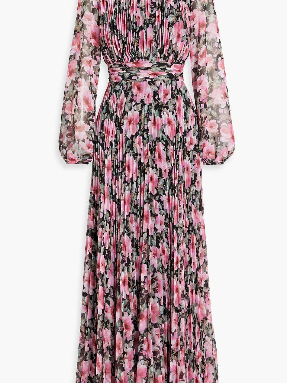 cutout floral-print plissé-chiffon maxi dress
