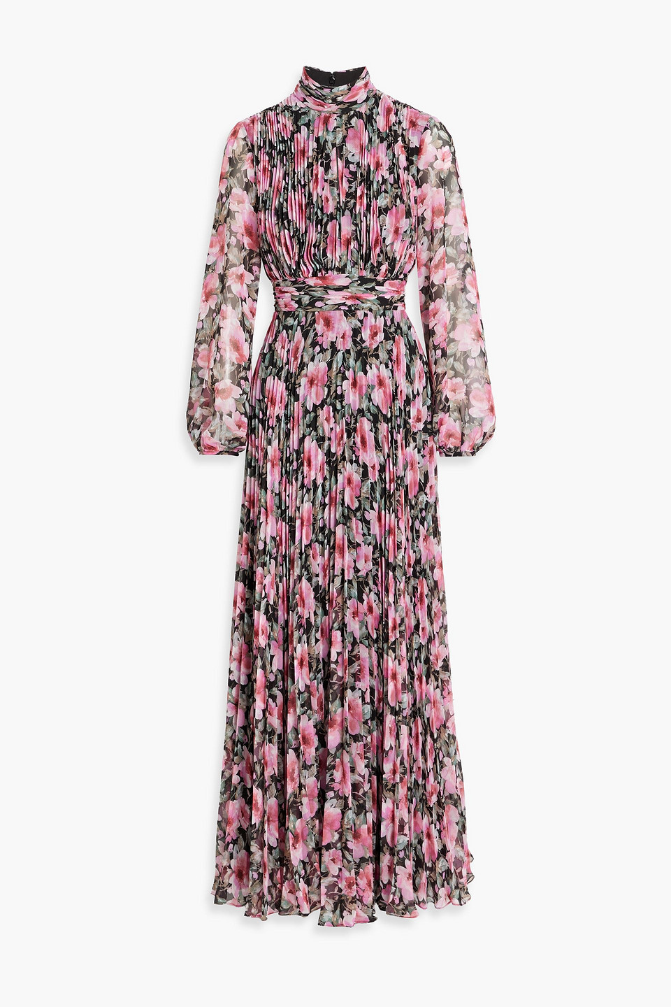 Mikael Aghal Maxikleid Aus Plissiertem Chiffon Mit Floralem Print Und Cut-outs In Schwarz