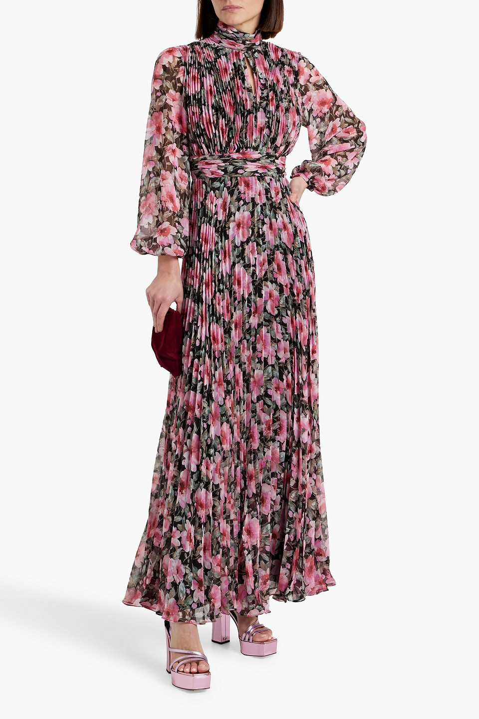 Mikael Aghal Maxikleid Aus Plissiertem Chiffon Mit Floralem Print Und Cut-outs In Schwarz