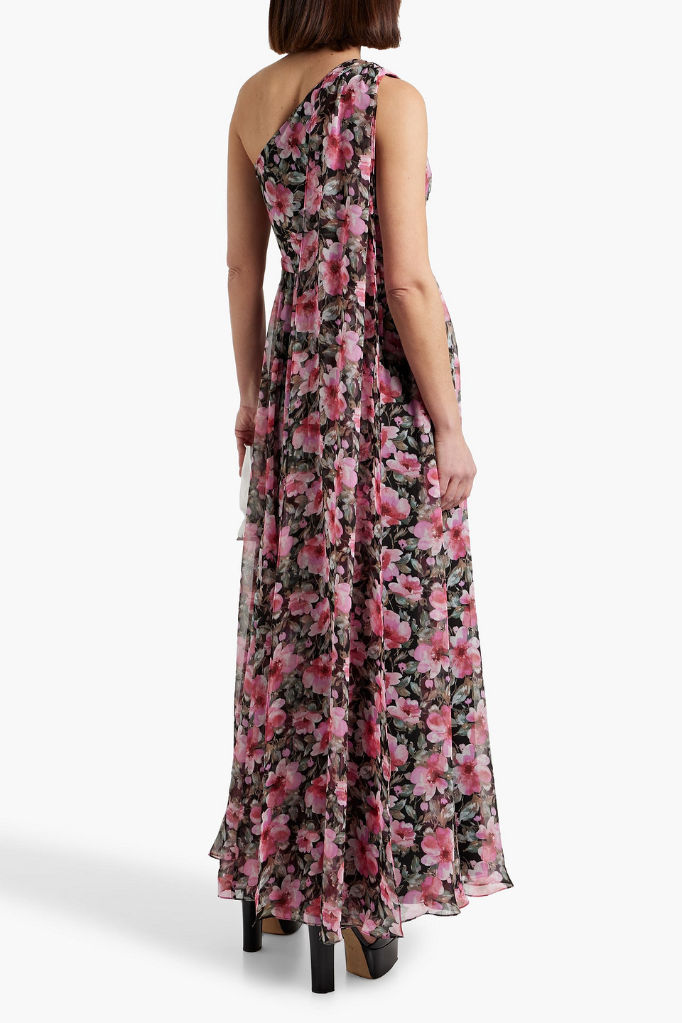 Mikael Aghal Maxikleid Aus Chiffon Mit Floralem Print Und Asymmetrischer Schulterpartie In Schwarz