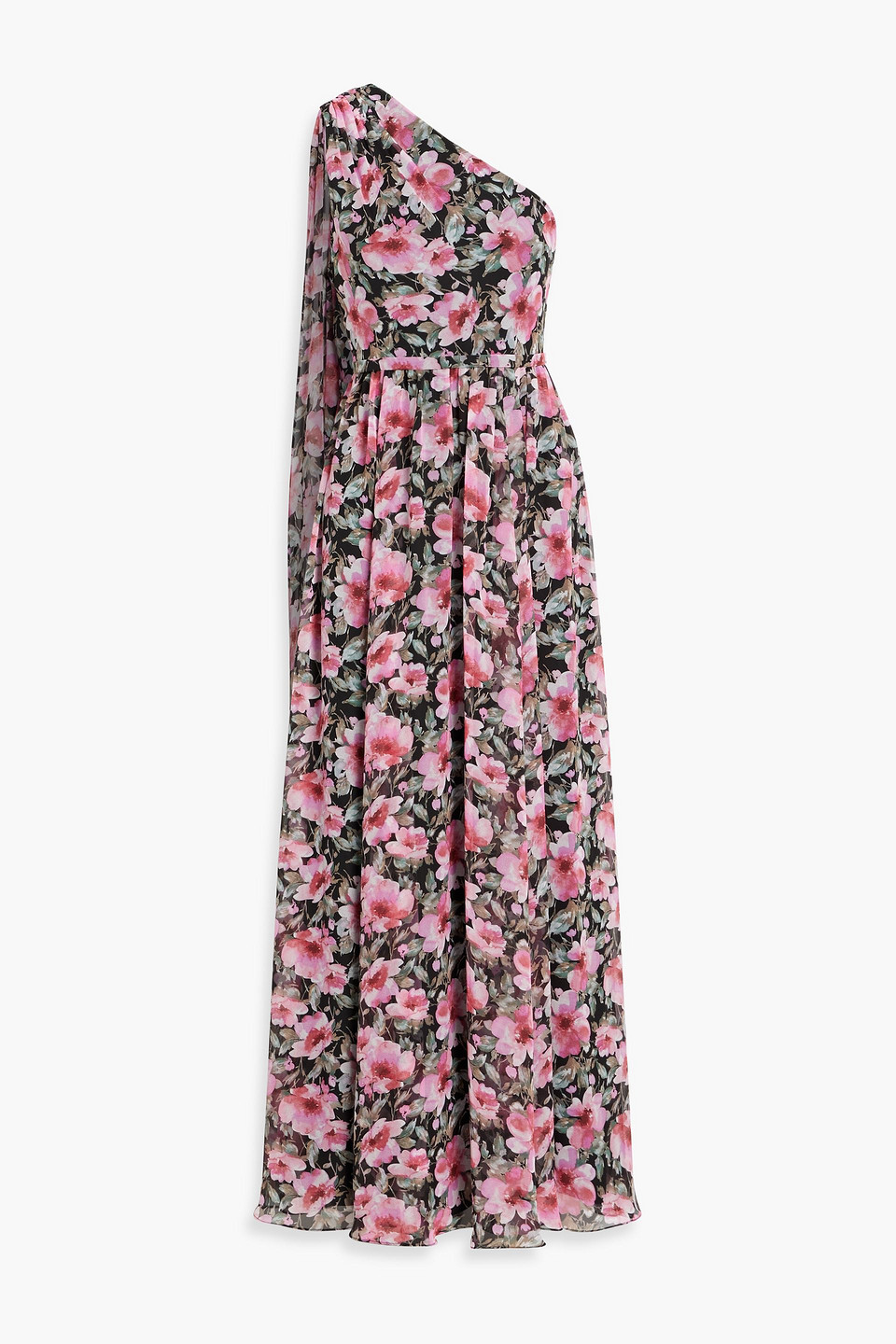 Mikael Aghal Maxikleid Aus Chiffon Mit Floralem Print Und Asymmetrischer Schulterpartie In Schwarz
