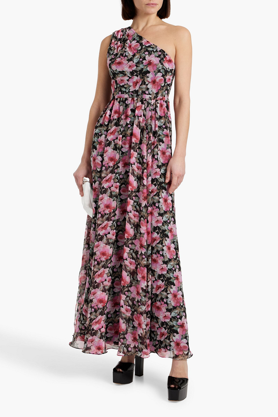 Mikael Aghal Maxikleid Aus Chiffon Mit Floralem Print Und Asymmetrischer Schulterpartie In Schwarz