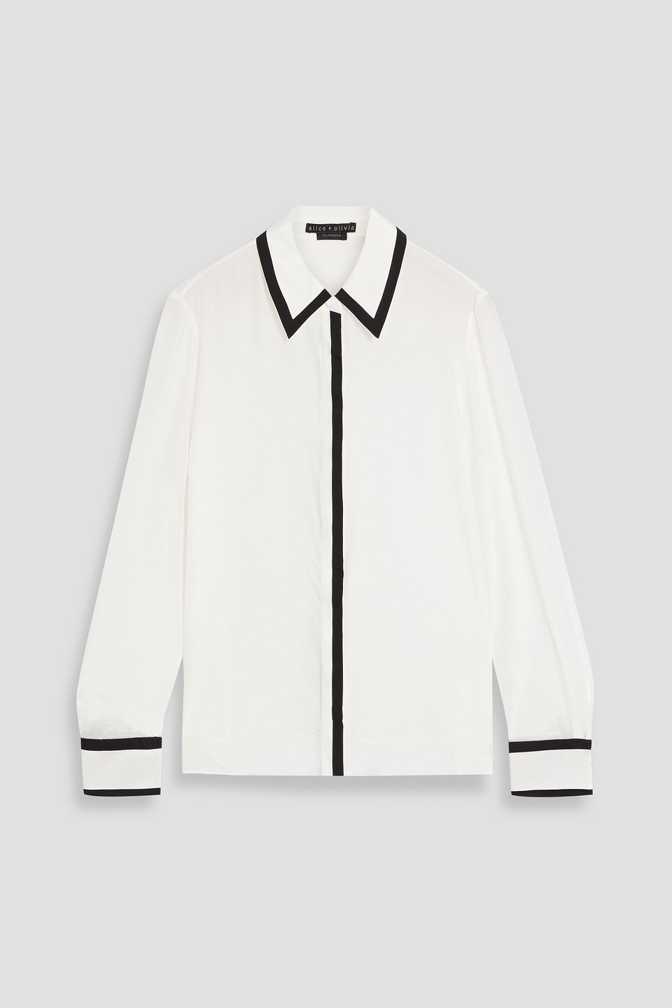 Alice And Olivia Willa Silk Placket Top With Piping Detail In White