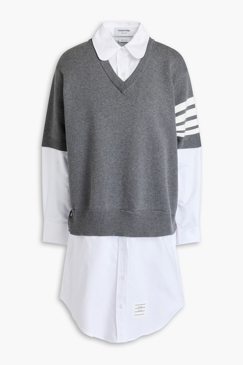 Thom Browne Layered Knitted And Cotton Oxford Shirt Dress In Gray