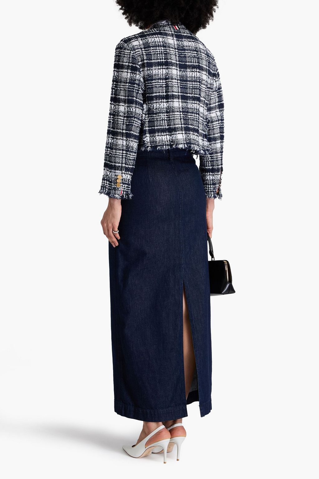 THOM BROWNE جاكيت من التويد بنقشة مربعات وحواف منسّلة