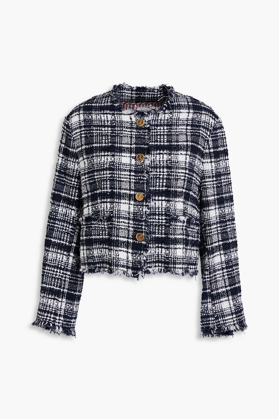 Thom Browne Frayed Checked Tweed Jacket In Navy