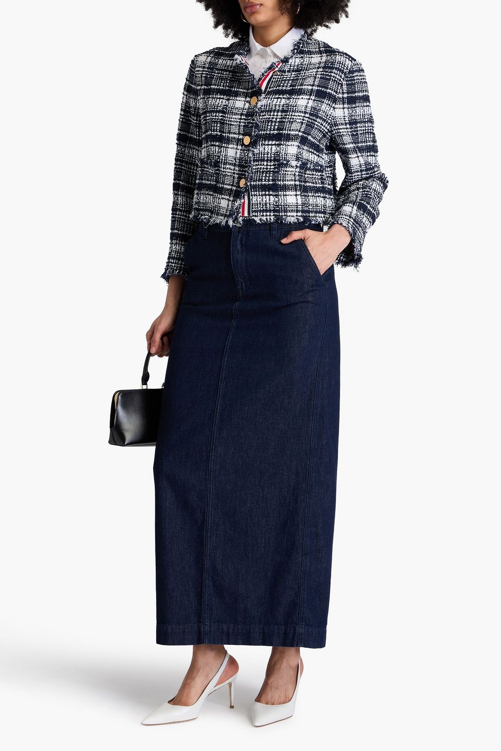 THOM BROWNE جاكيت من التويد بنقشة مربعات وحواف منسّلة