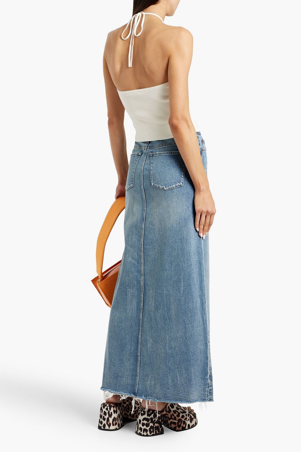 ALICE + OLIVIA JEANS تنورة طويلة "ماريسا" مصنوعة من الدنيم بتأثير معتق