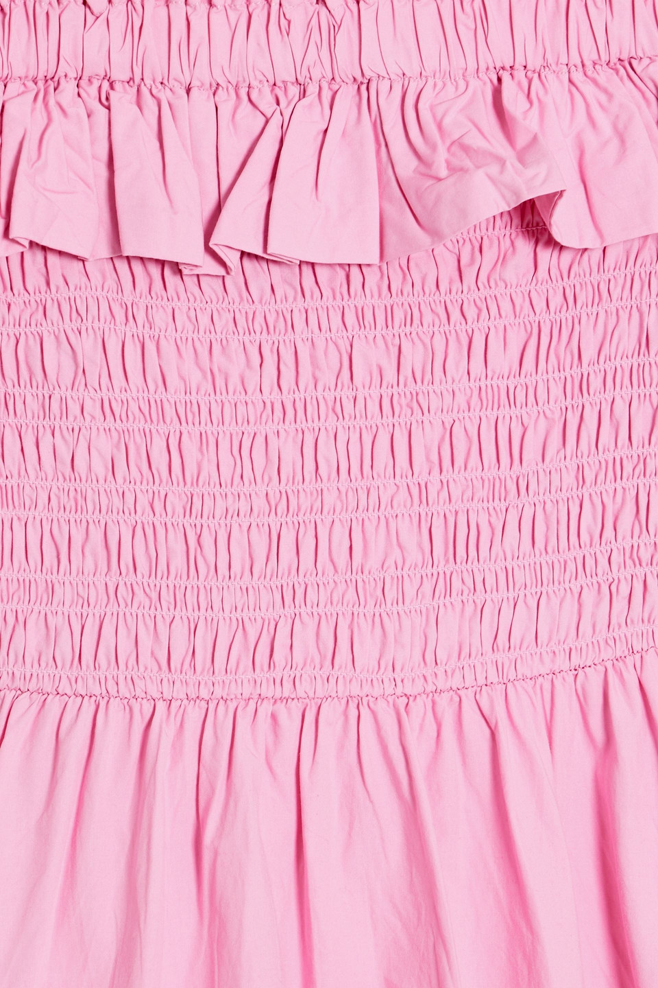 Ganni Cold-shoulder Shirred Cotton-poplin Midi Dress In Pink