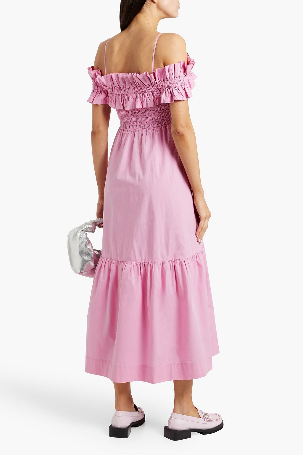 GANNI Cold-shoulder shirred cotton-poplin midi dress