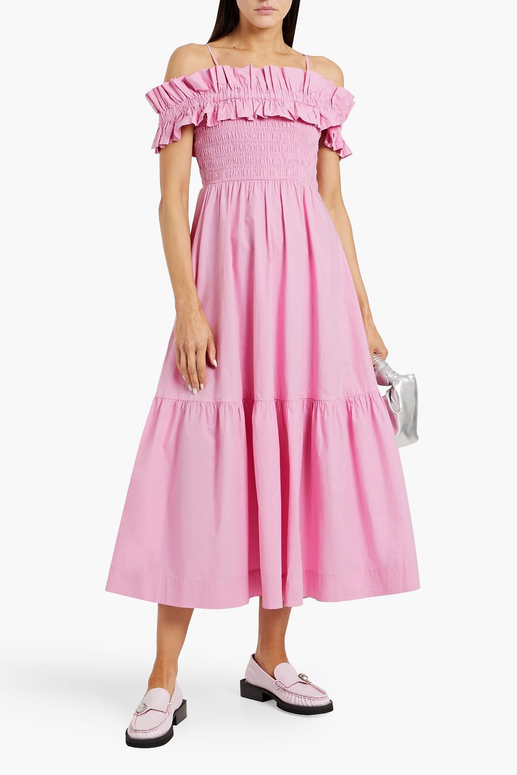 GANNI Cold-shoulder shirred cotton-poplin midi dress