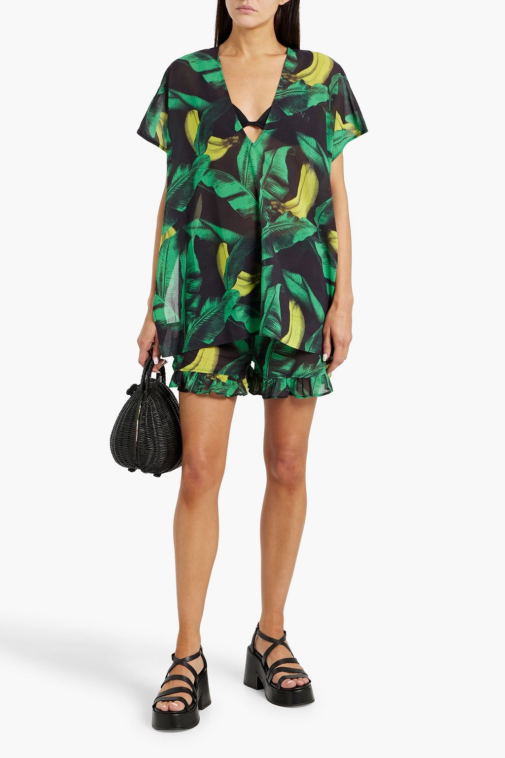 GANNI Ruffled printed cotton-voile shorts