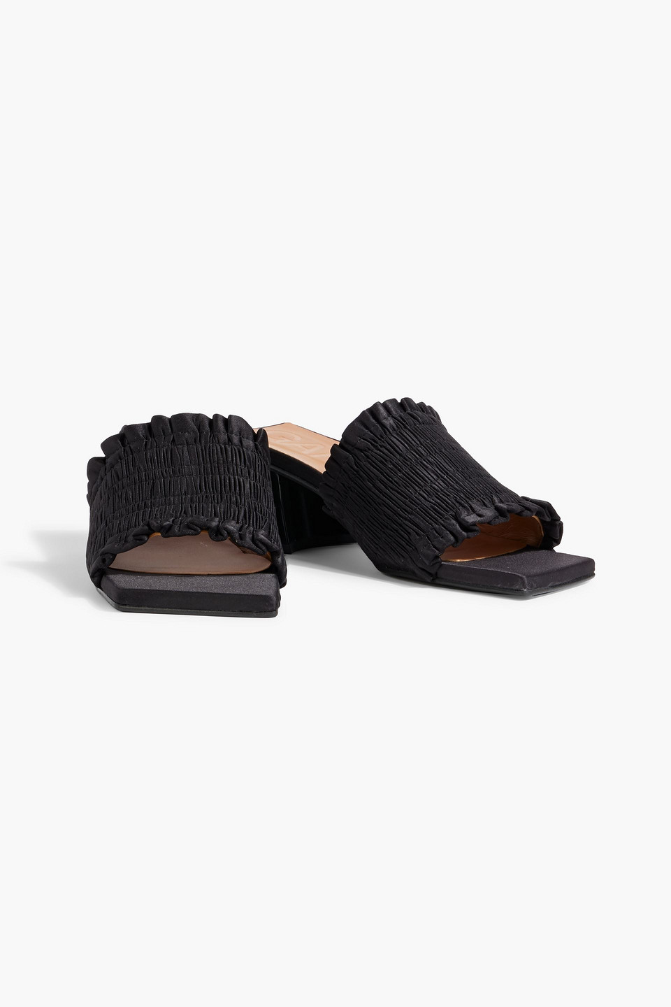 Shop Ganni Shirred Satin Mules In Black