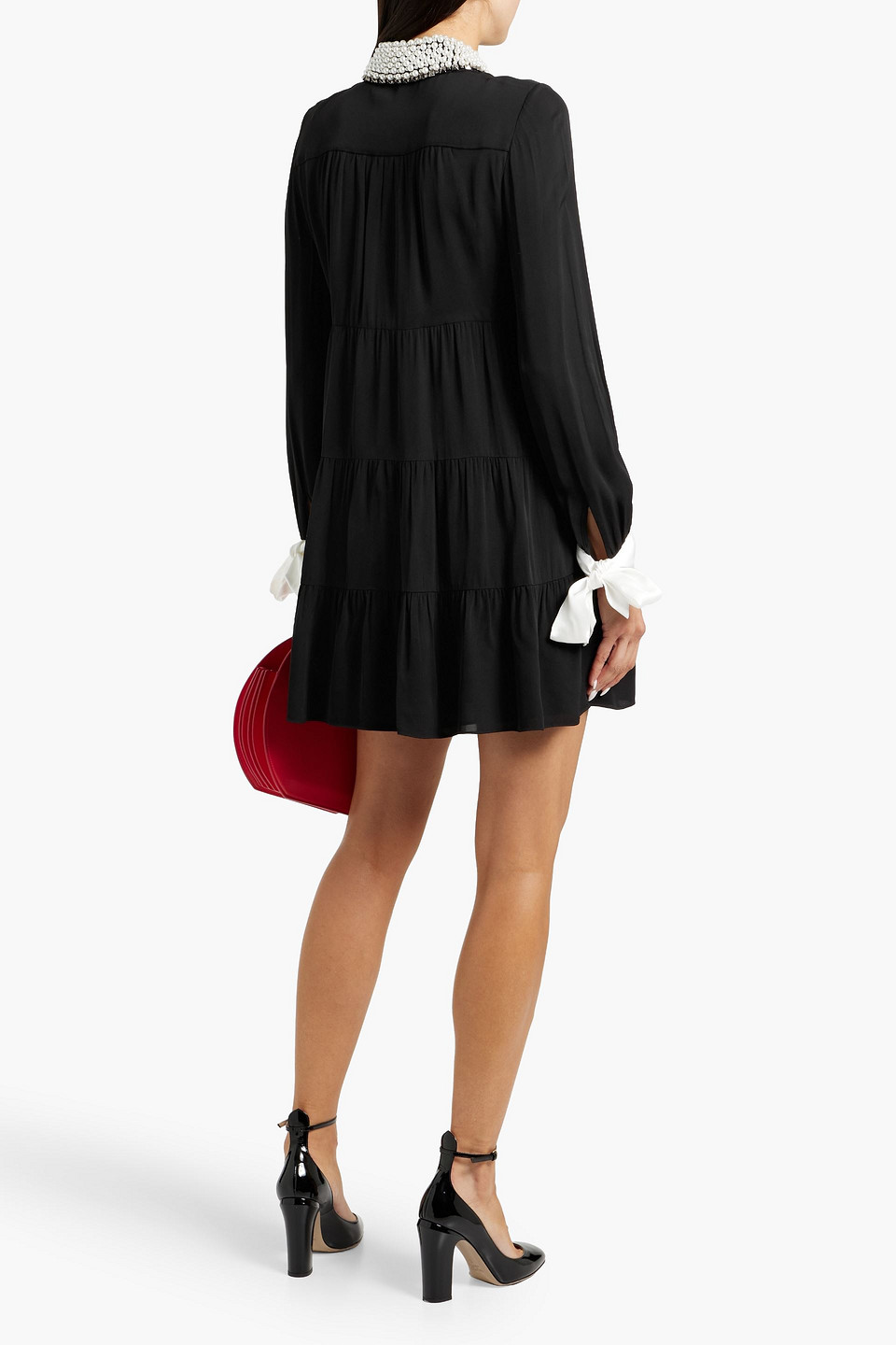 Alice And Olivia Meeko Embellished Collar Long Sleeve Mini Shirt Dress In Black
