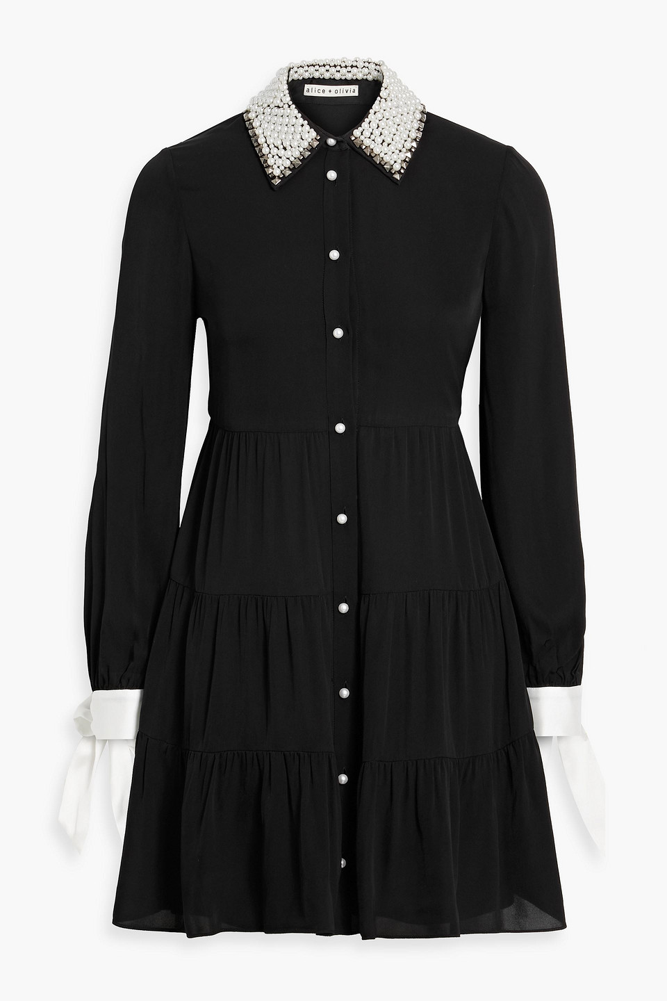 Alice And Olivia Meeko Embellished Collar Long Sleeve Mini Shirt Dress In Black