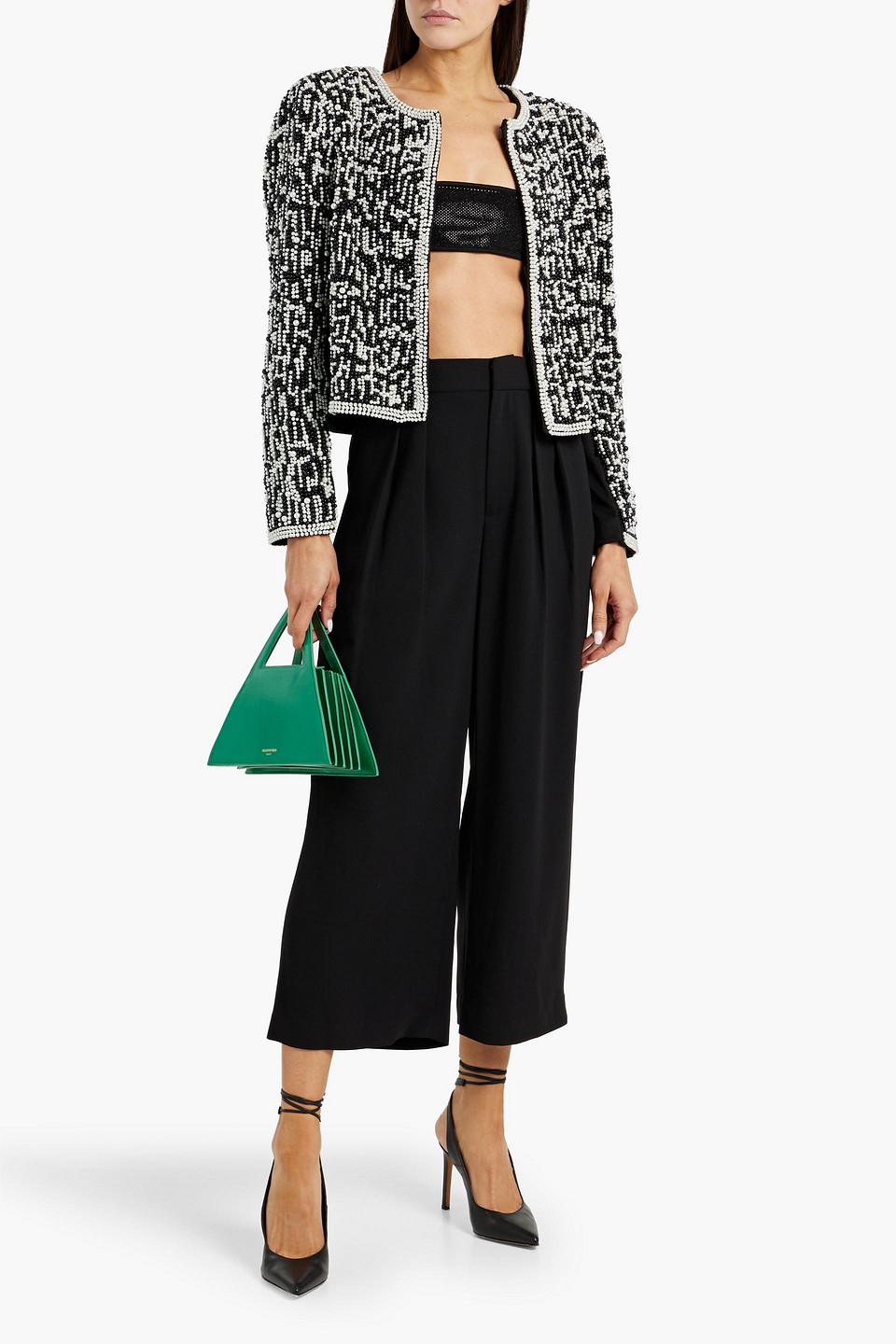 Alice And Olivia Kidman Boxy Pearl Embellished Jacket In Black