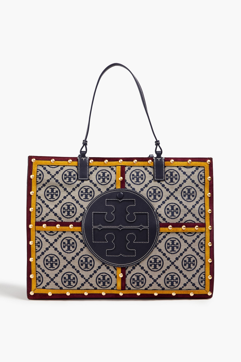 Tory Burch Ella Jacquard, Leather And Suede Tote In Navy