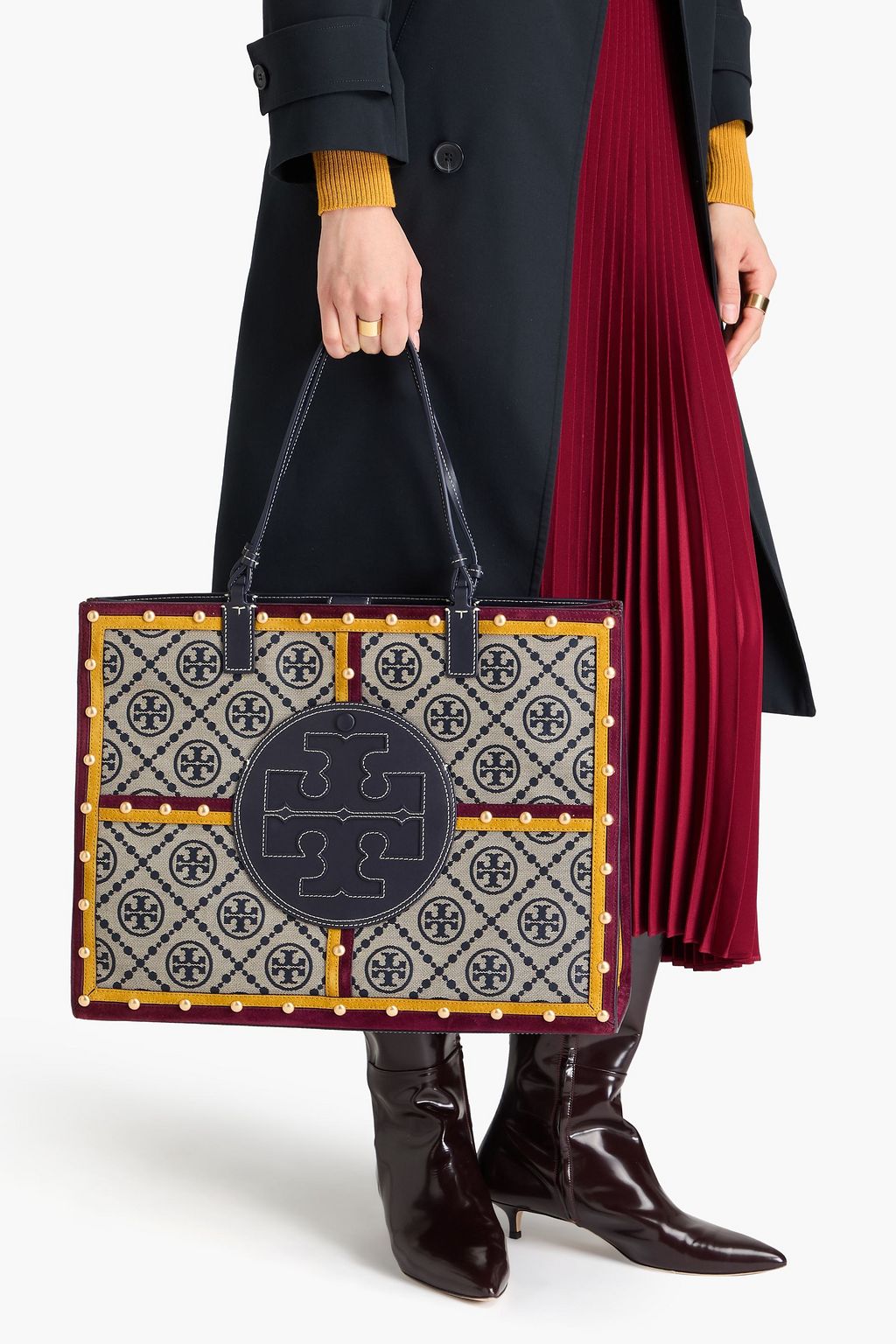 TORY BURCH Ella jacquard, leather and suede tote