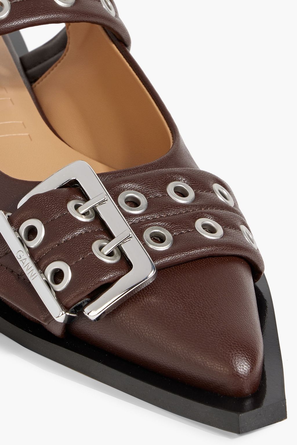 GANNI Embellished leather-blend slingback point-toe flats