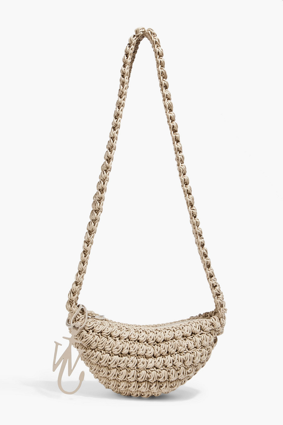 Jw Anderson Popcorn Leather-trimmed Crocheted Cotton Shoulder Bag In Beige