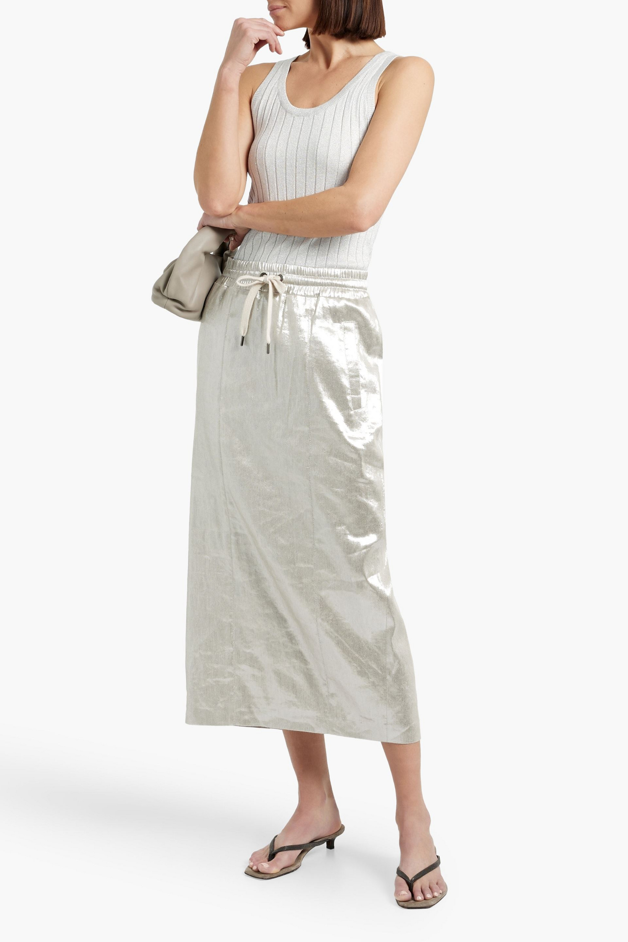 Brunello Cucinelli Metallic linen-blend twill midi skirt