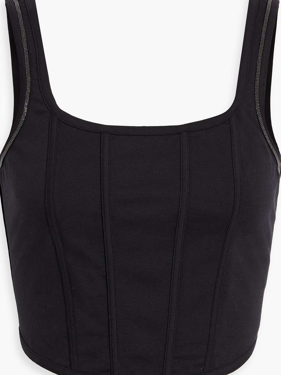 cropped bead-embellished cotton-blend piqué bustier top