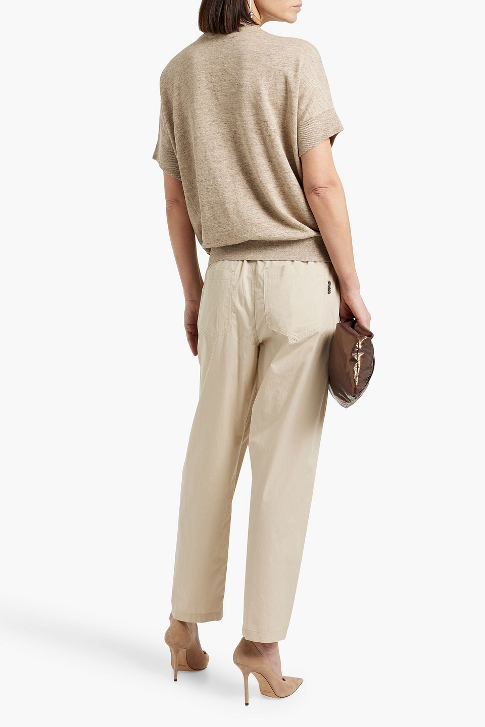 Brunello Cucinelli Bead-embellished Cotton-sateen Tapered Pants In Beige