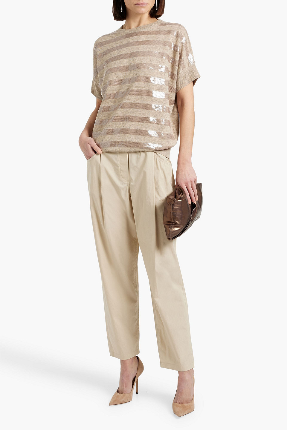 Brunello Cucinelli Bead-embellished Cotton-sateen Tapered Pants In Beige