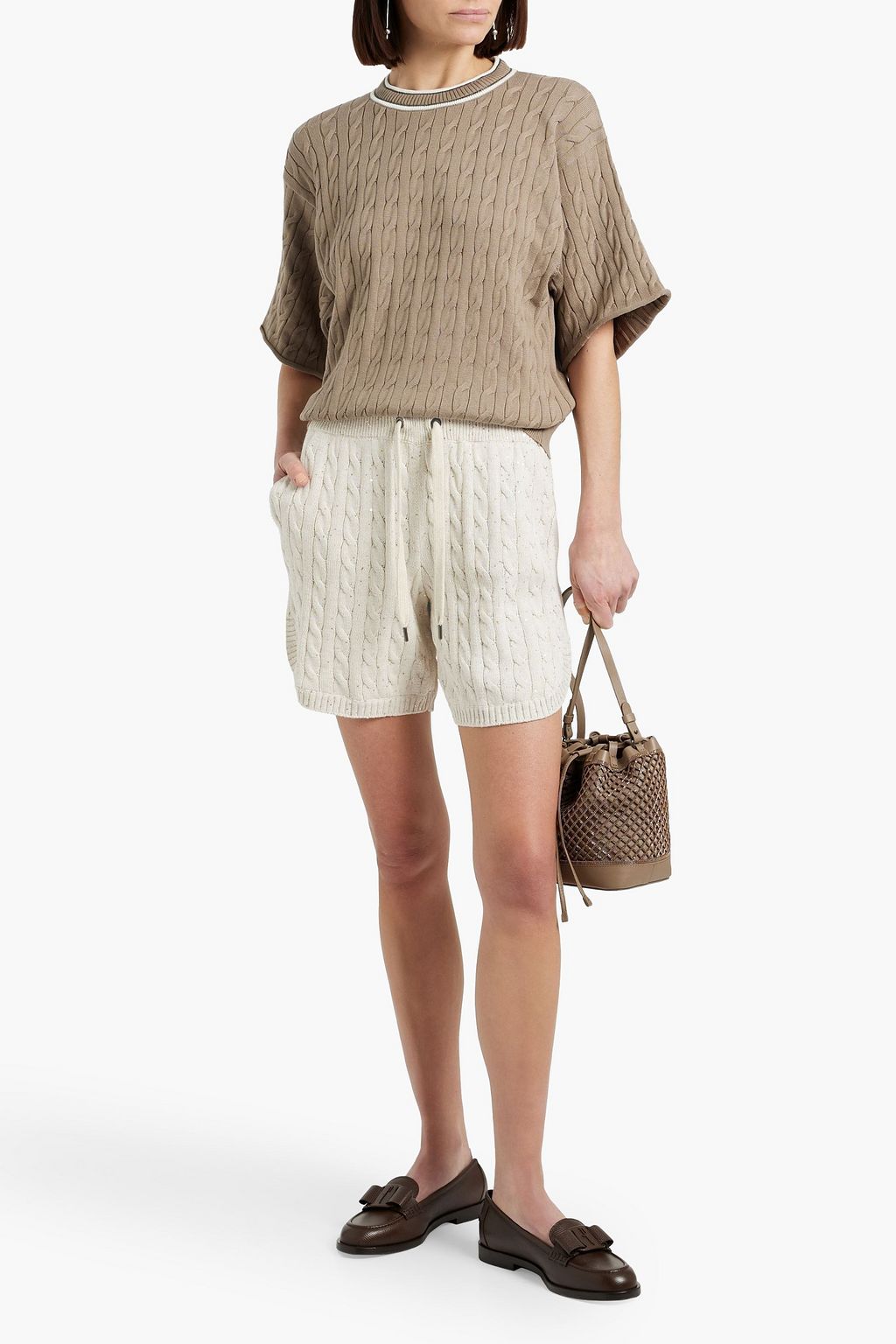BRUNELLO CUCINELLI Bead-embellished cable-knit cotton top