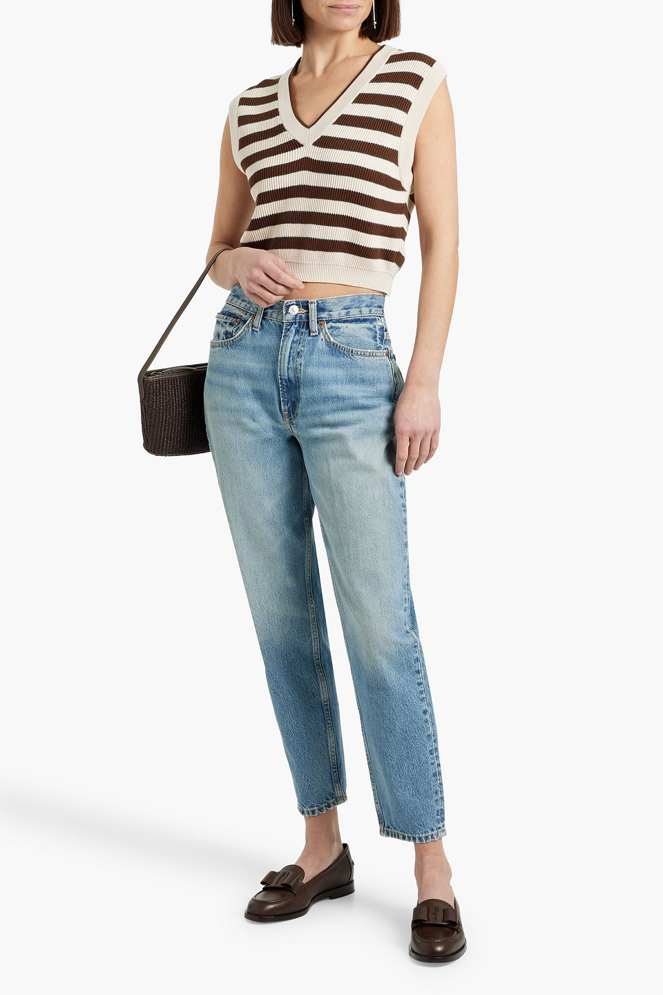 Brunello Cucinelli Cropped Bead-embellished Striped Cotton Vest In Beige
