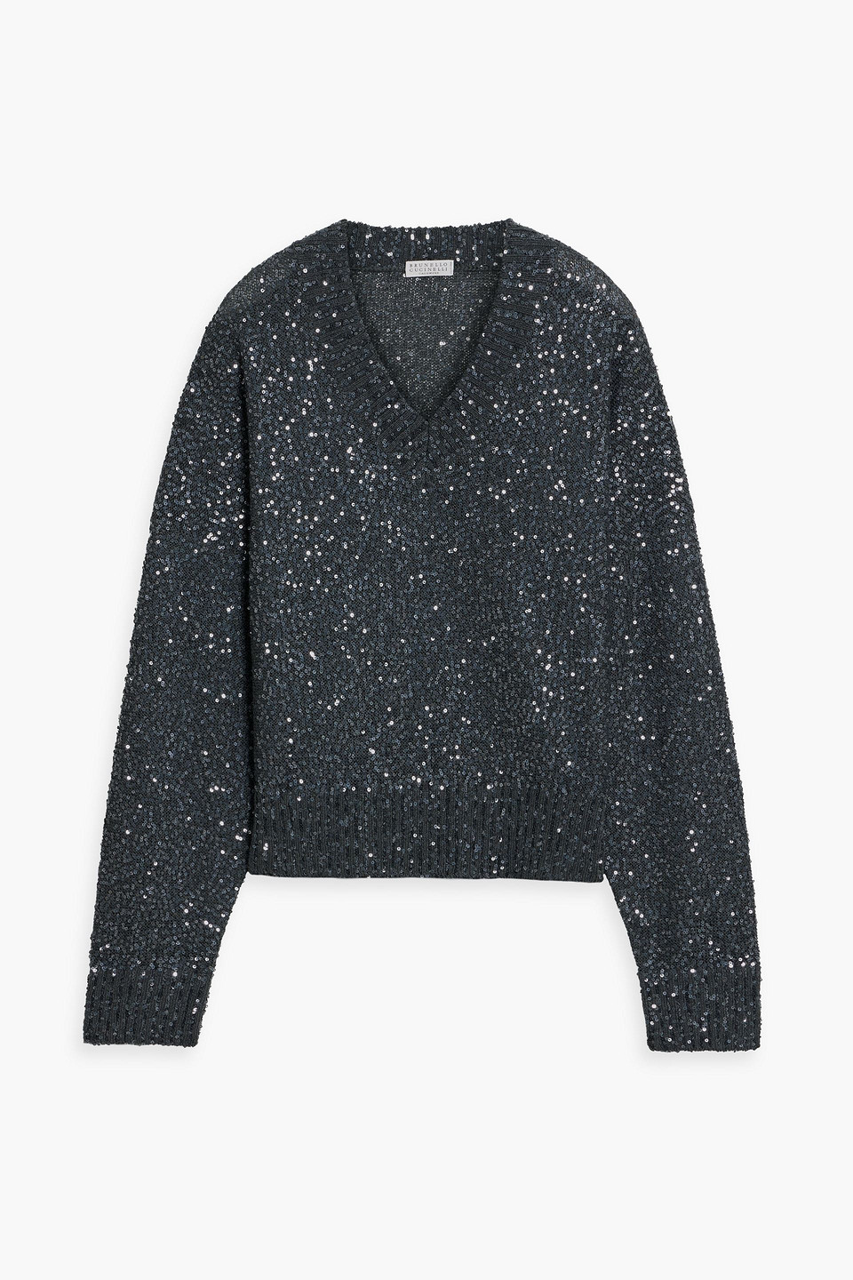 Brunello Cucinelli Sequined Linen, Cashmere And Silk-blend Sweater In Anthracite