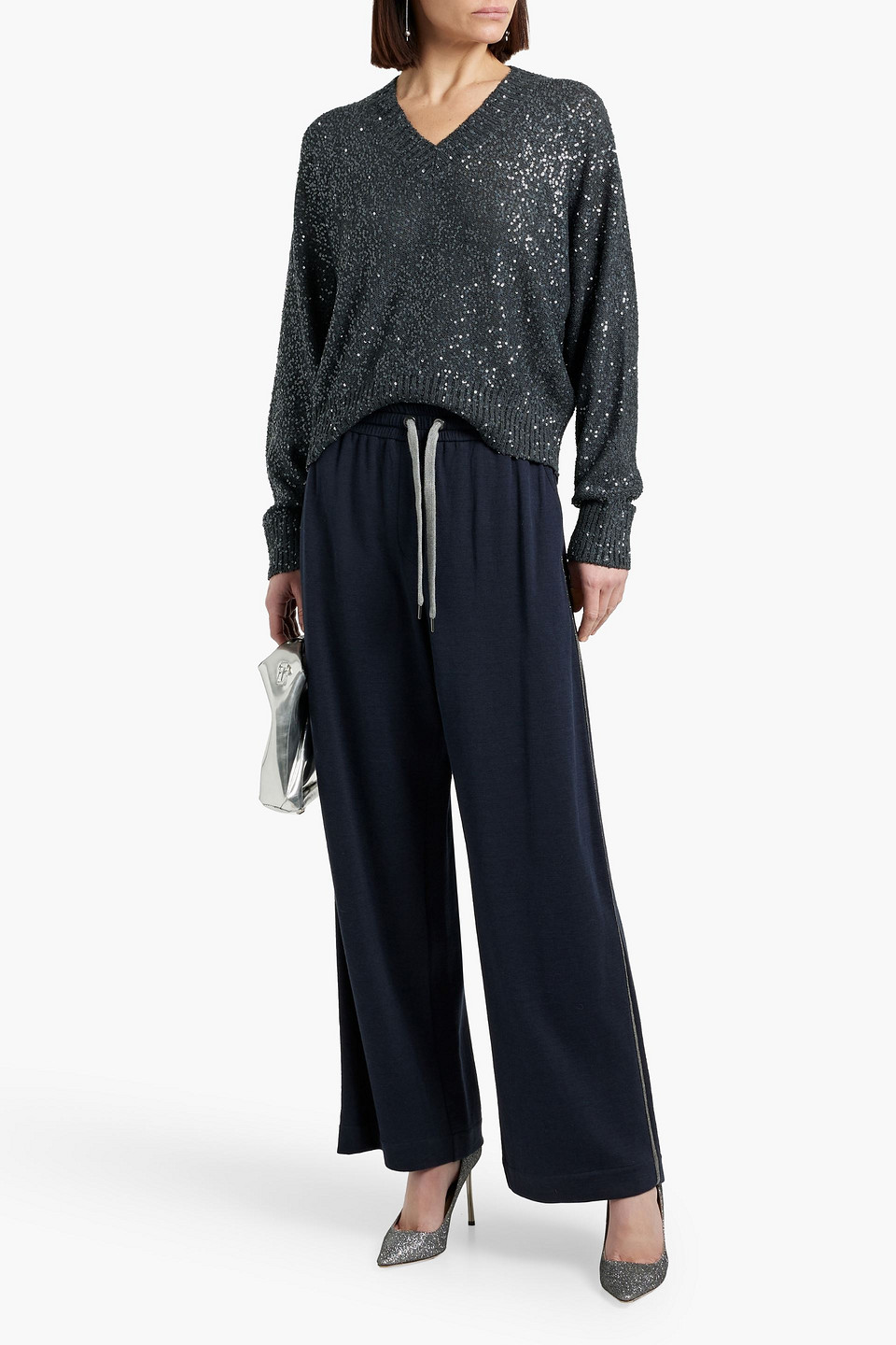 BRUNELLO CUCINELLI SEQUINED LINEN, CASHMERE AND SILK-BLEND SWEATER