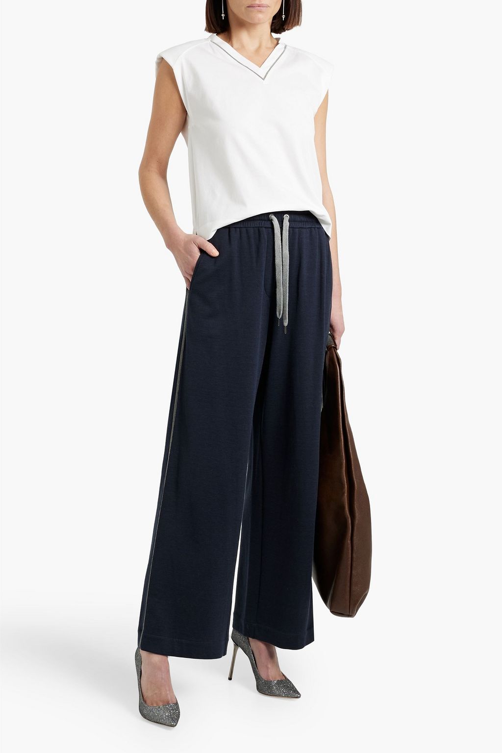 BRUNELLO CUCINELLI Bead-embellished cotton-jersey top