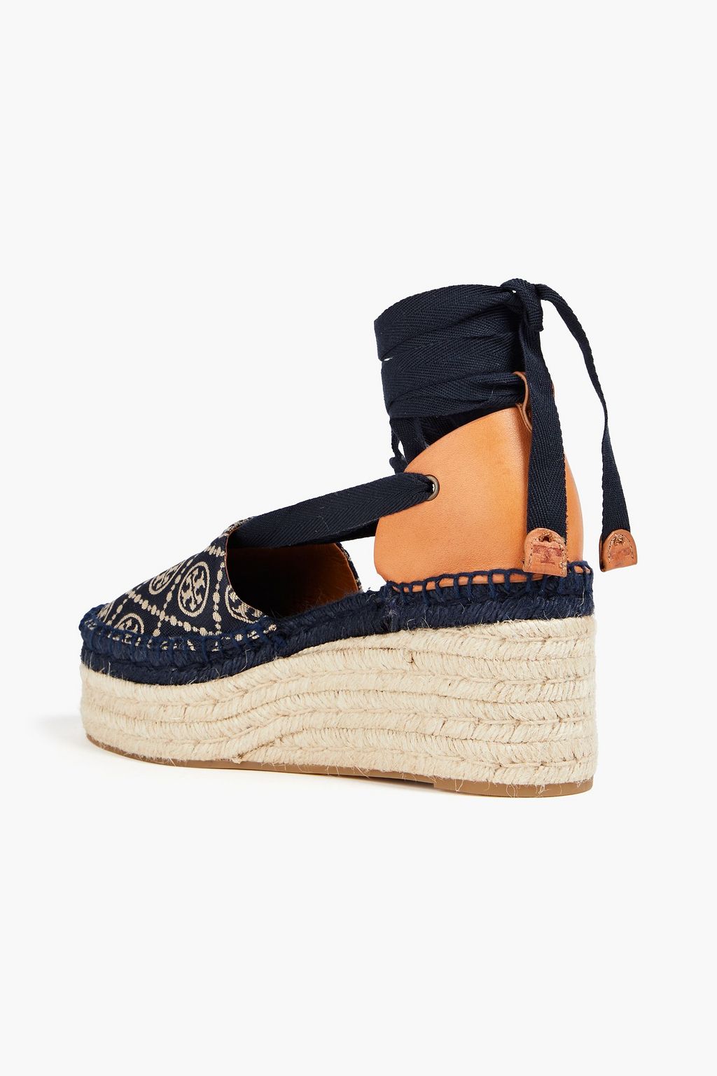 TORY BURCH Jacquard and leather platform espadrilles