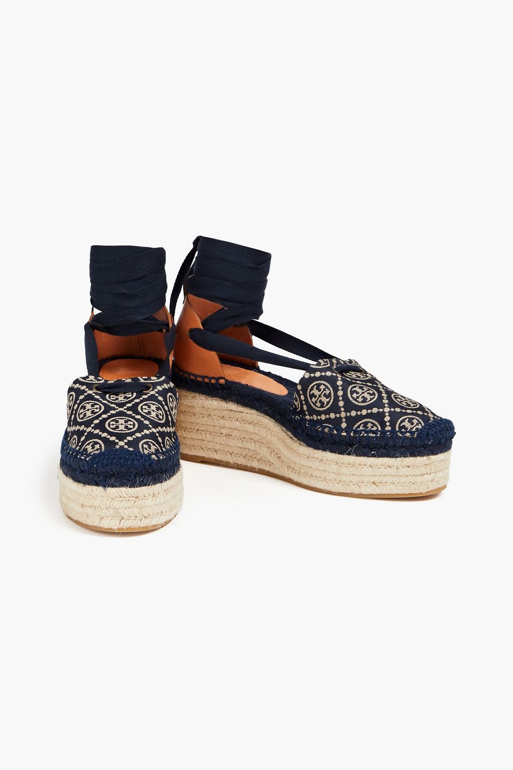 TORY BURCH Jacquard and leather platform espadrilles