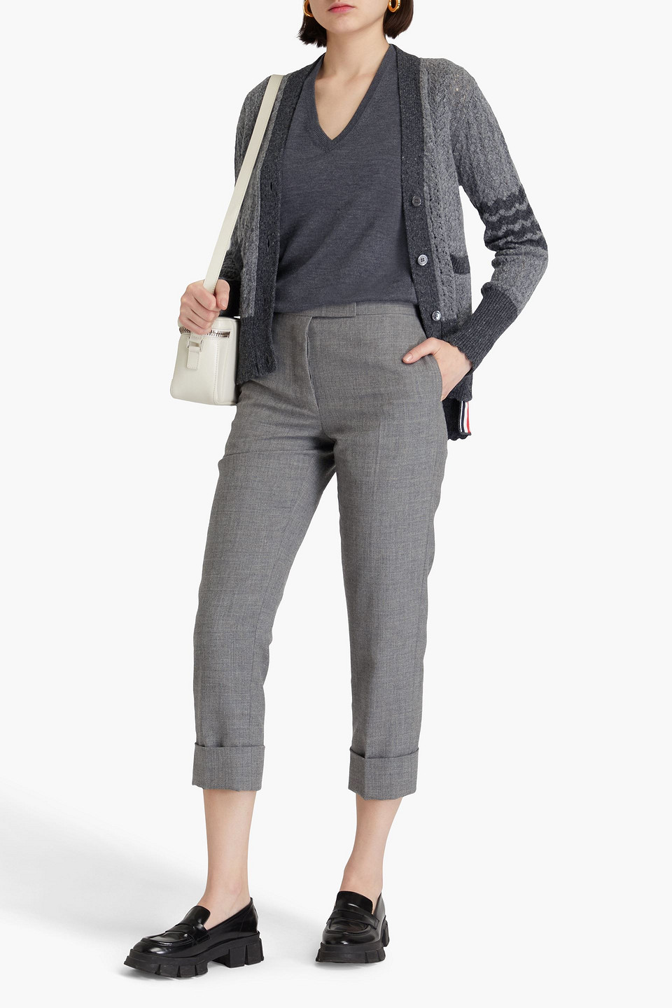 Thom Browne Cropped Wool Tapered Pants In Gray