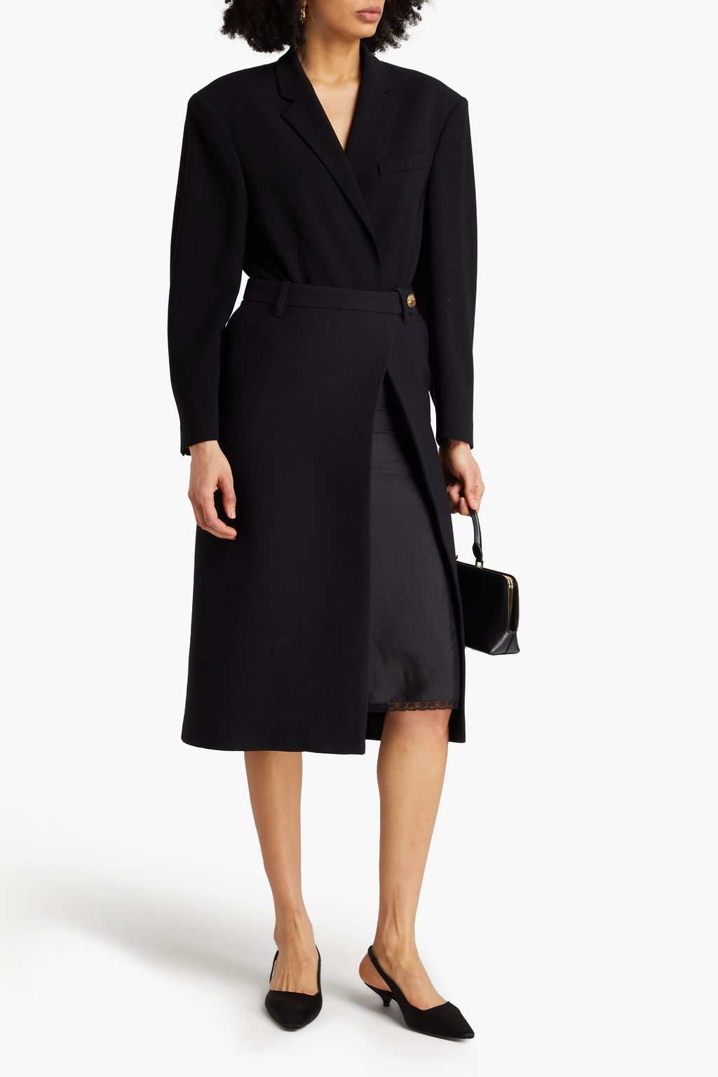 PRADA Layered wool and silk-blend crepe and satin midi wrap skirt