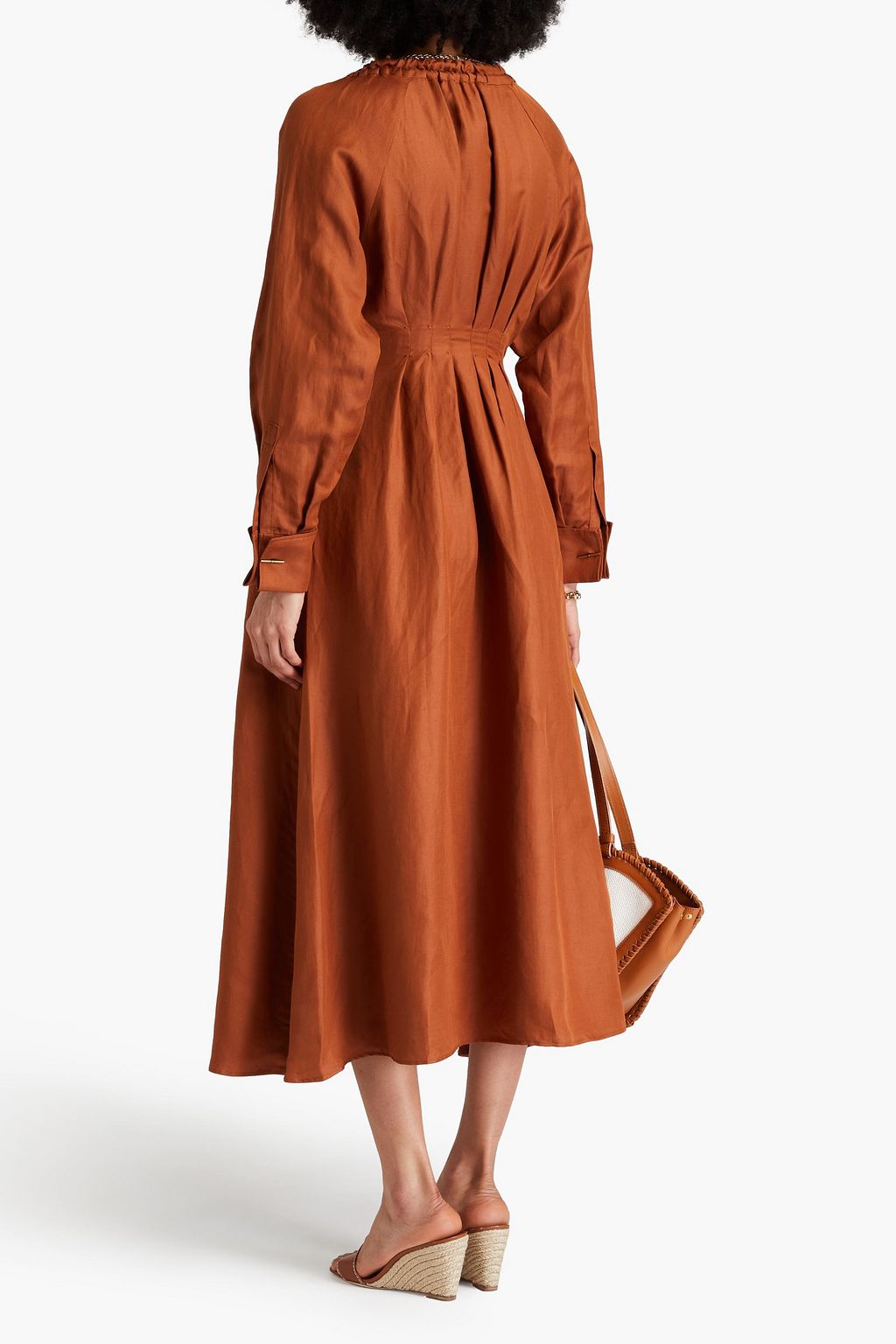 MAX MARA 리넨 실크 혼방 트윌 플리츠 미디 드레스
