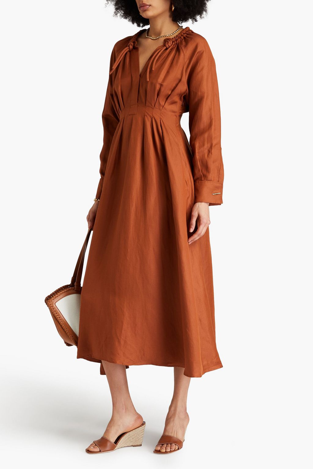 MAX MARA 리넨 실크 혼방 트윌 플리츠 미디 드레스