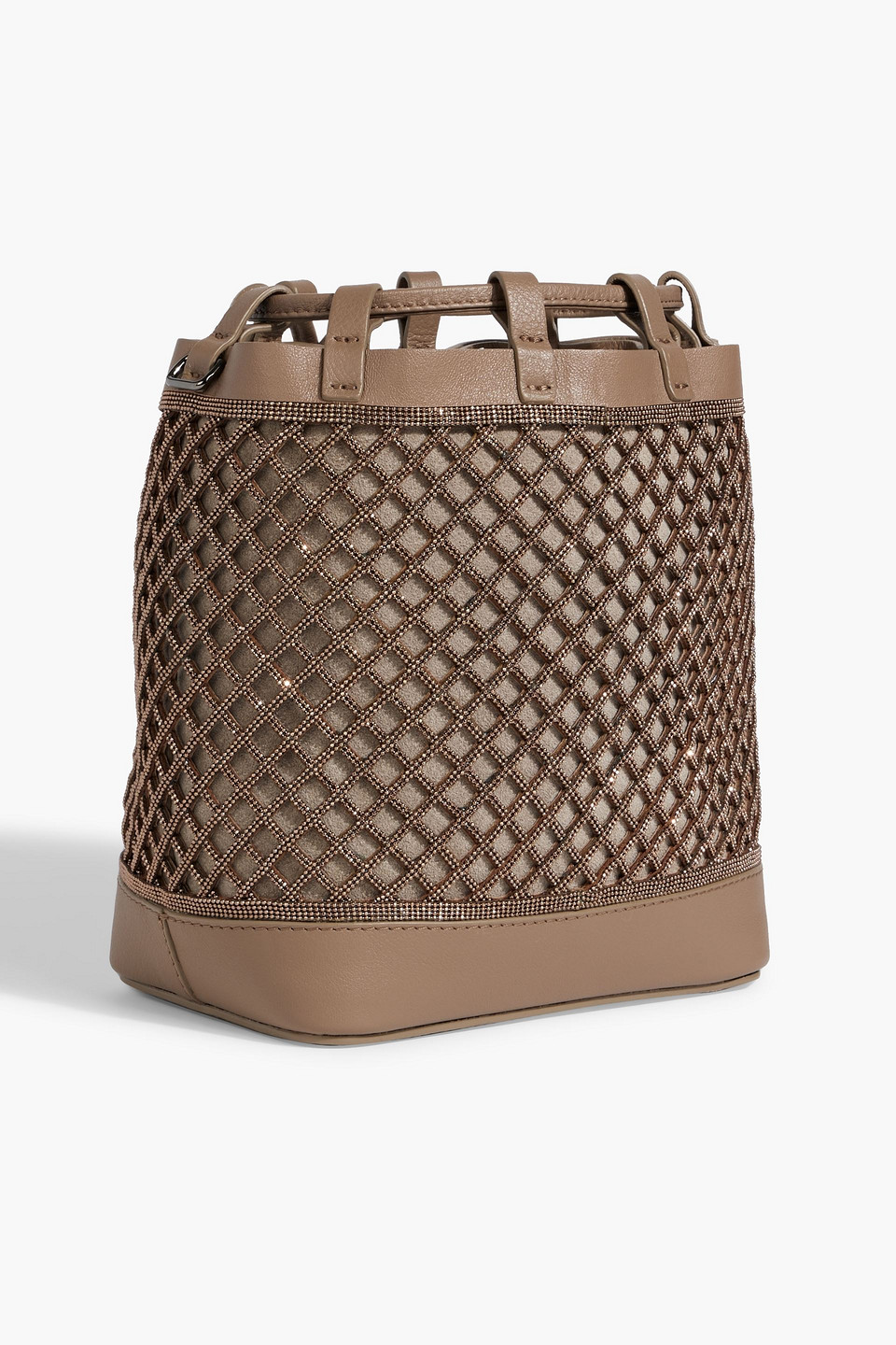 BRUNELLO CUCINELLI BEAD-EMBELLISHED LASER-CUT LEATHER BUCKET BAG