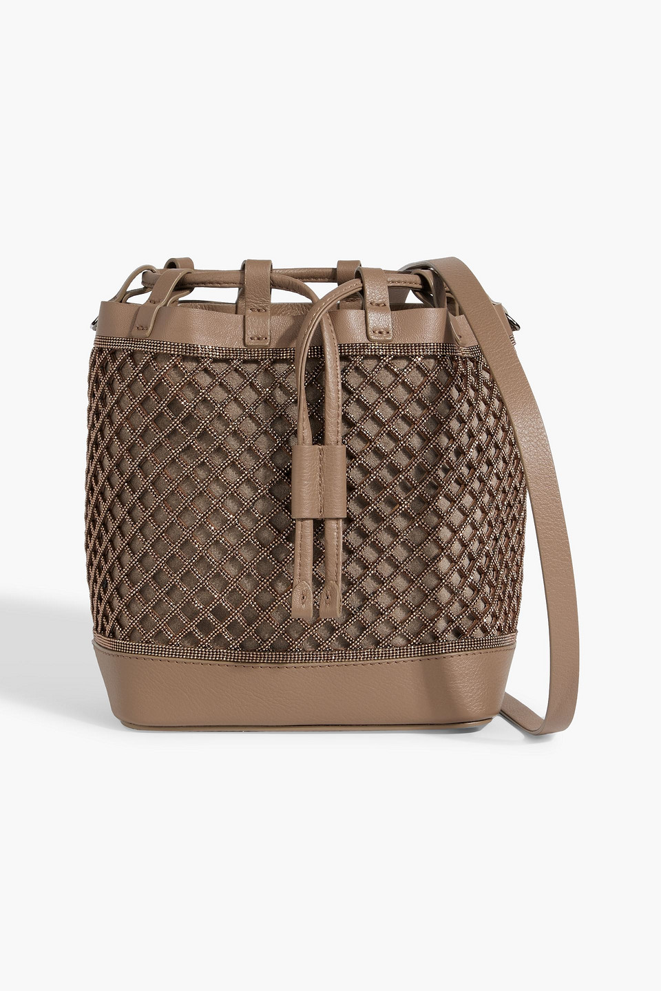 Brunello Cucinelli Bead-embellished Laser-cut Leather Bucket Bag In Taupe