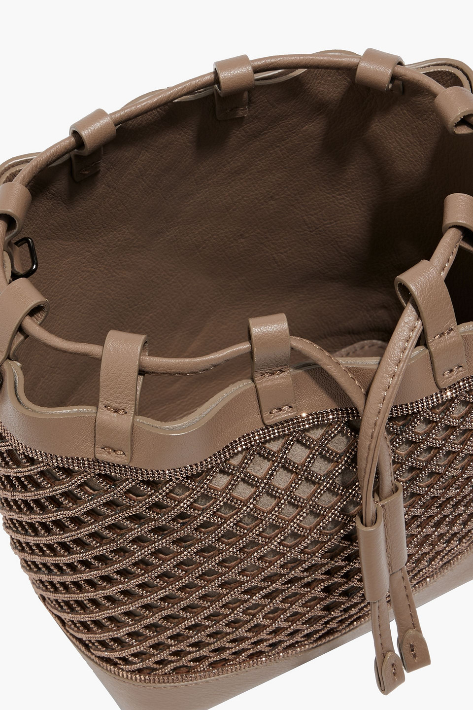Shop Brunello Cucinelli Bead-embellished Laser-cut Leather Bucket Bag In Taupe