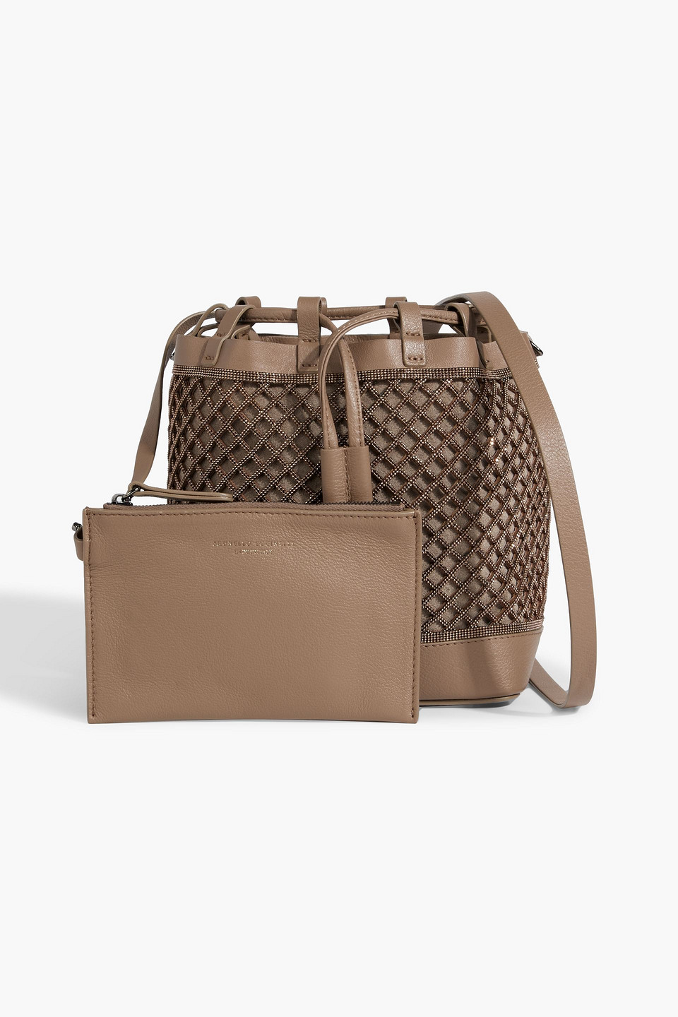 BRUNELLO CUCINELLI BEAD-EMBELLISHED LASER-CUT LEATHER BUCKET BAG