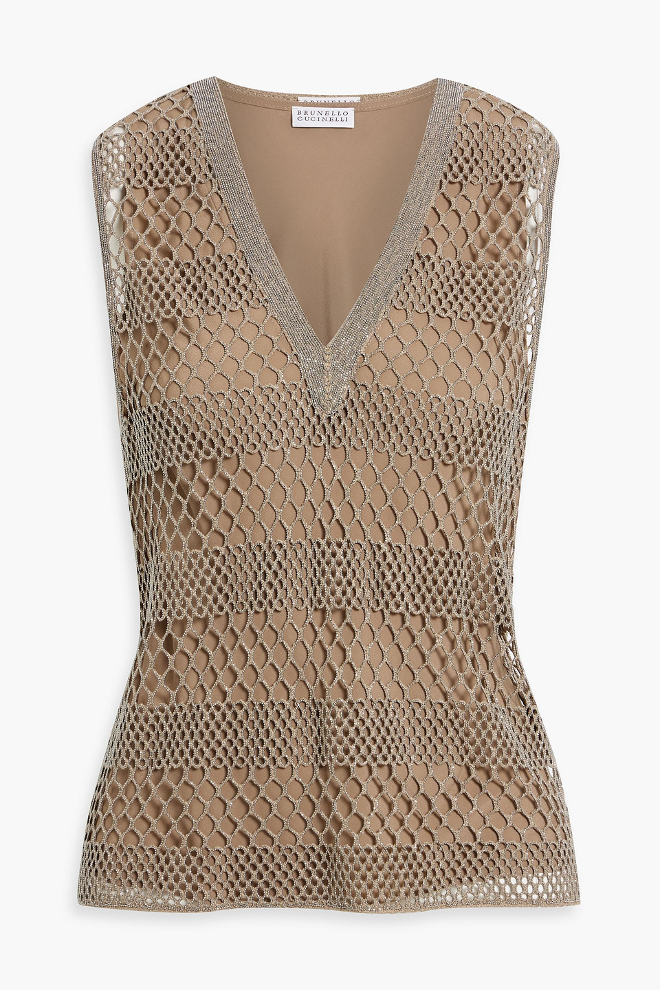 Brunello Cucinelli Bead-embellished Crocheted Cotton Top In Taupe