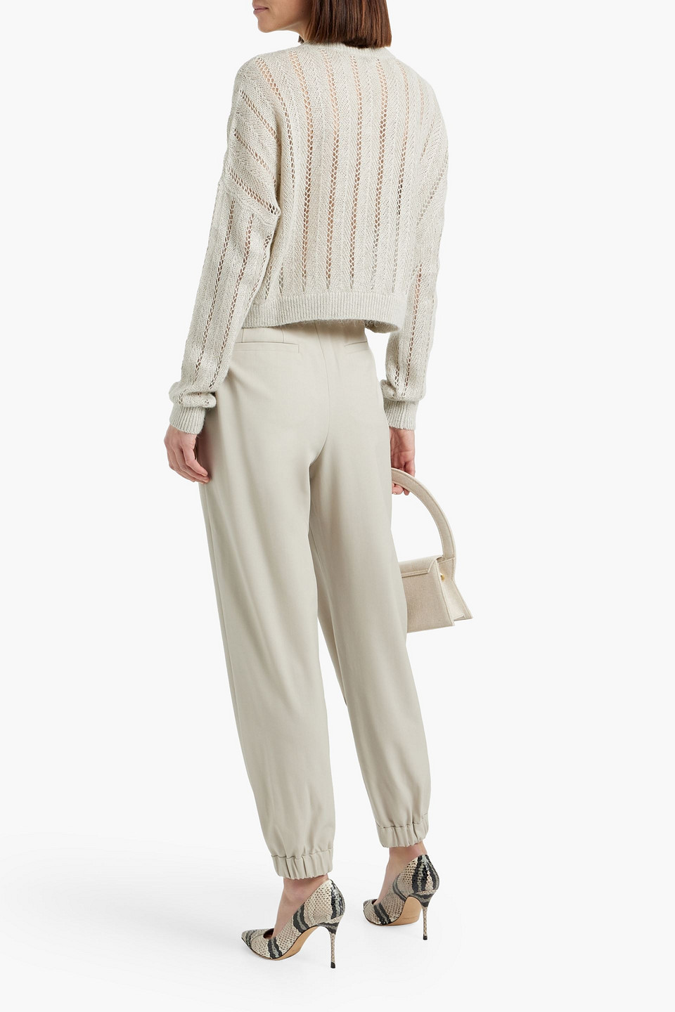 Brunello Cucinelli Cropped Pointelle-knit Linen-blend Sweater In Stone