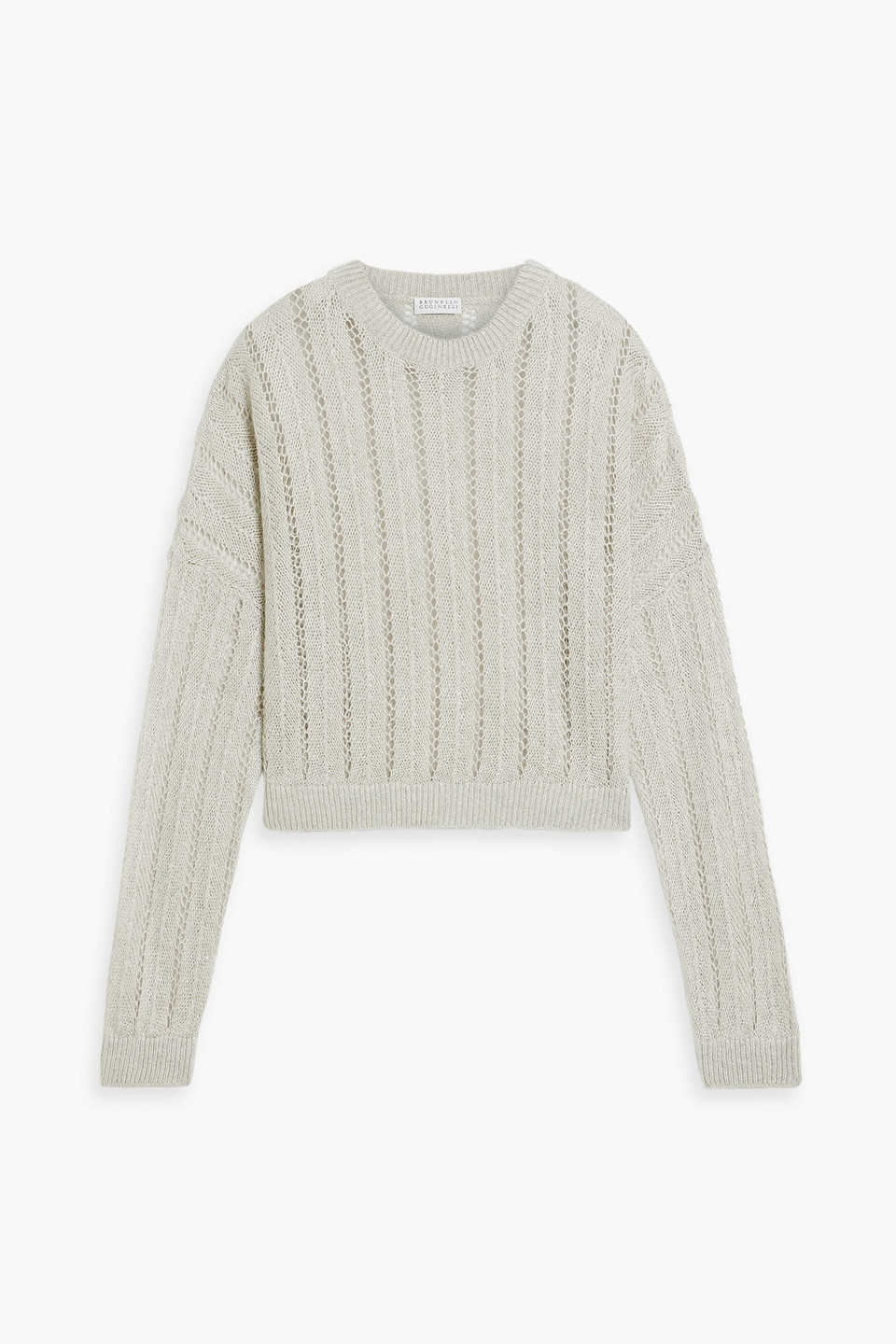 Brunello Cucinelli Cropped Pointelle-knit Linen-blend Sweater In Stone
