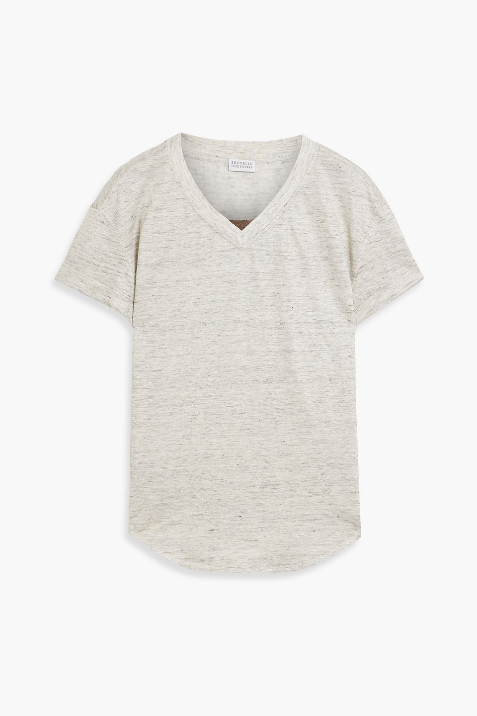 Brunello Cucinelli Bead-embellished Linen And Silk-blend Jersey T-shirt In Stone