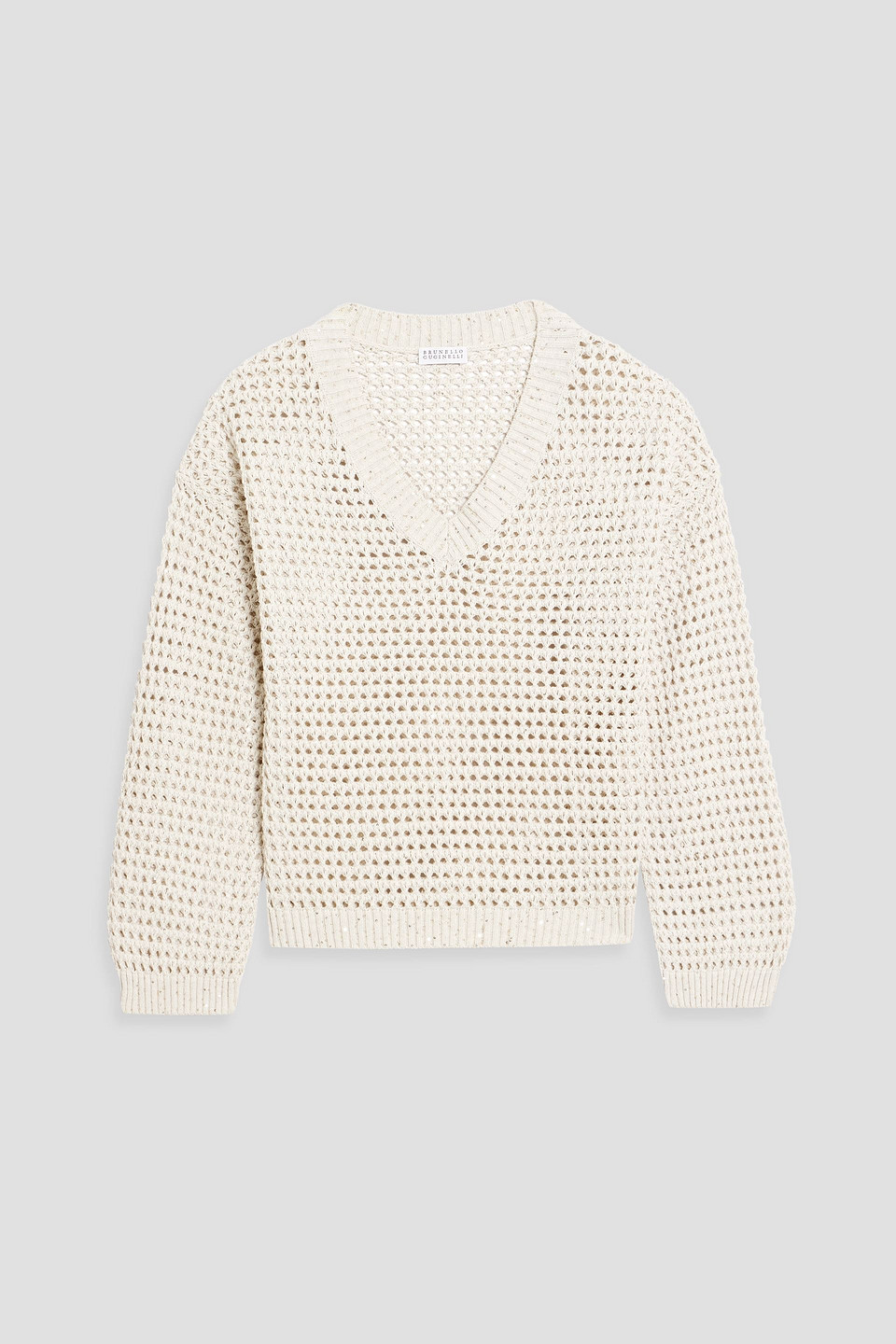 Brunello Cucinelli Sequin-embellished Open-knit Cotton-blend Sweater In Ecru
