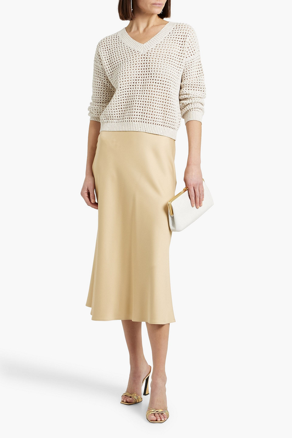 BRUNELLO CUCINELLI SEQUIN-EMBELLISHED OPEN-KNIT COTTON-BLEND SWEATER