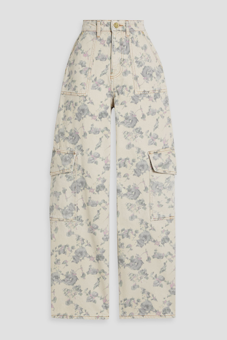 Ganni Angi Floral-print High-rise Wide-leg Jeans In Ivory